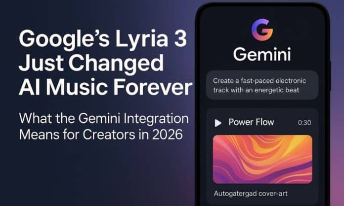 Lyria 3 AI music generation with a 30-second track and auto cover art