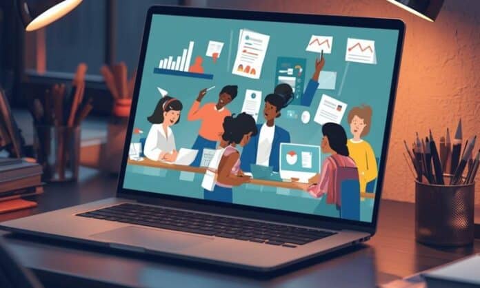 Best AI Tools for Students on a laptop screen with study visuals—charts, notes, and research panels—set on a desk with stationery and warm lighting.