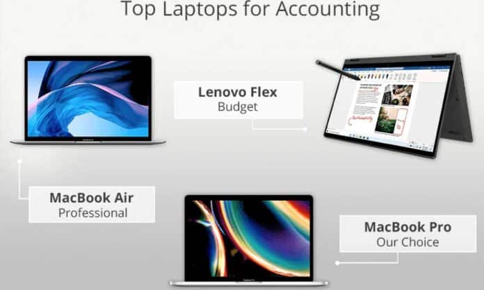 Laptop for accounting professionals featuring financial software and spreadsheet tools on screen.