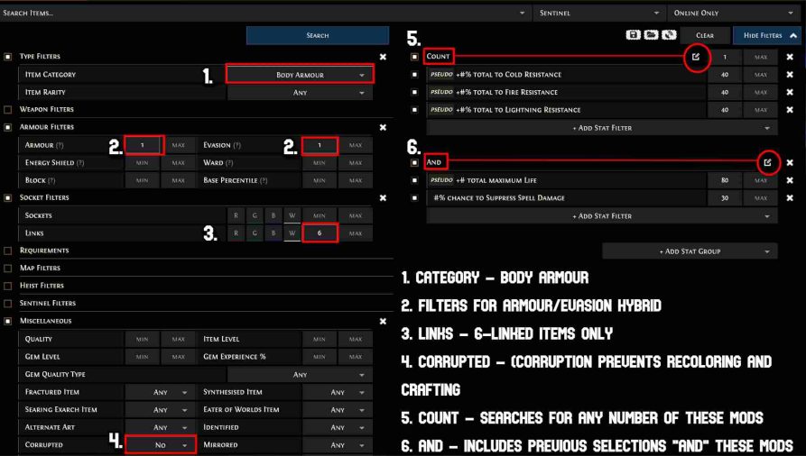 Path of Exile trade advanced search filters showing armor filters, socket options, and stat requirements