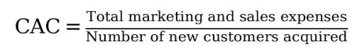 CAC formula: total marketing and sales expenses divided by number of new customers acquired