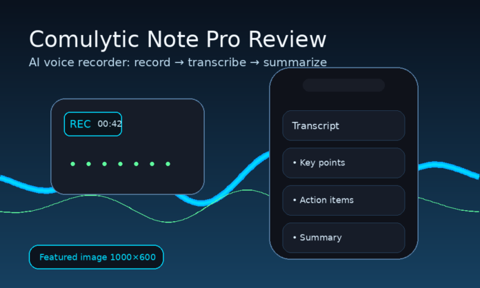 Comulytic Note Pro review header with AI voice recorder and transcript summary screen
