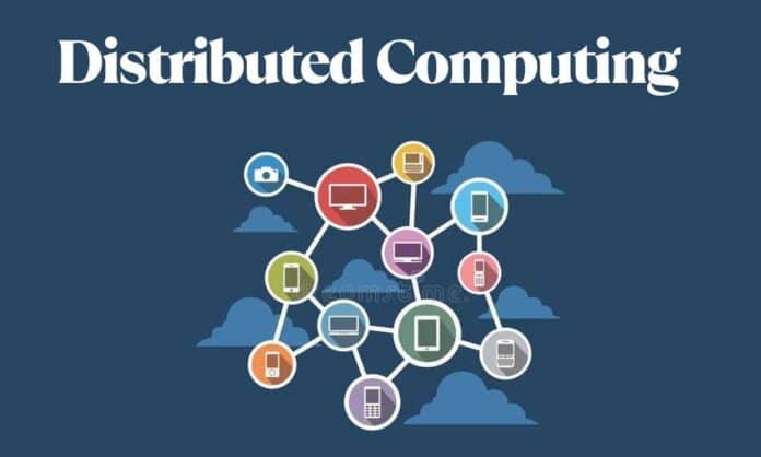Distributed Computing network architecture connecting multiple nodes for parallel data processing.