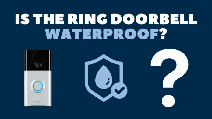 Ring doorbell camera installed on a home entrance, weather-resistant and designed to withstand rain and moisture