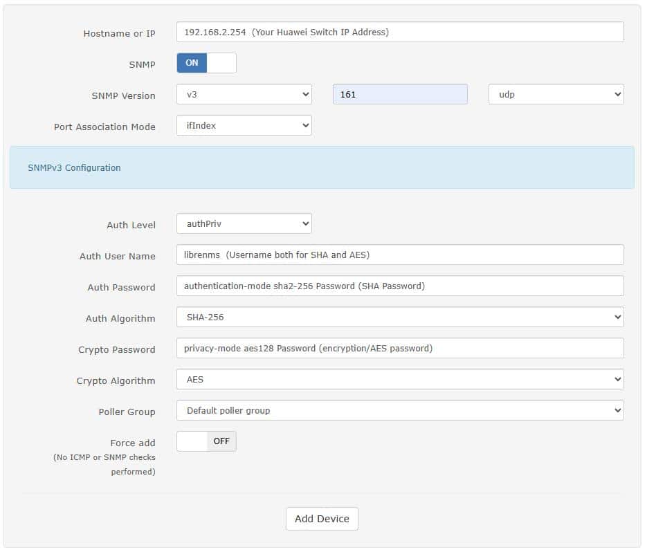 LibreNMS device SNMPv3 configuration form with fields for hostname/IP, SNMP options, authentication level, username, passwords, and algorithms.
