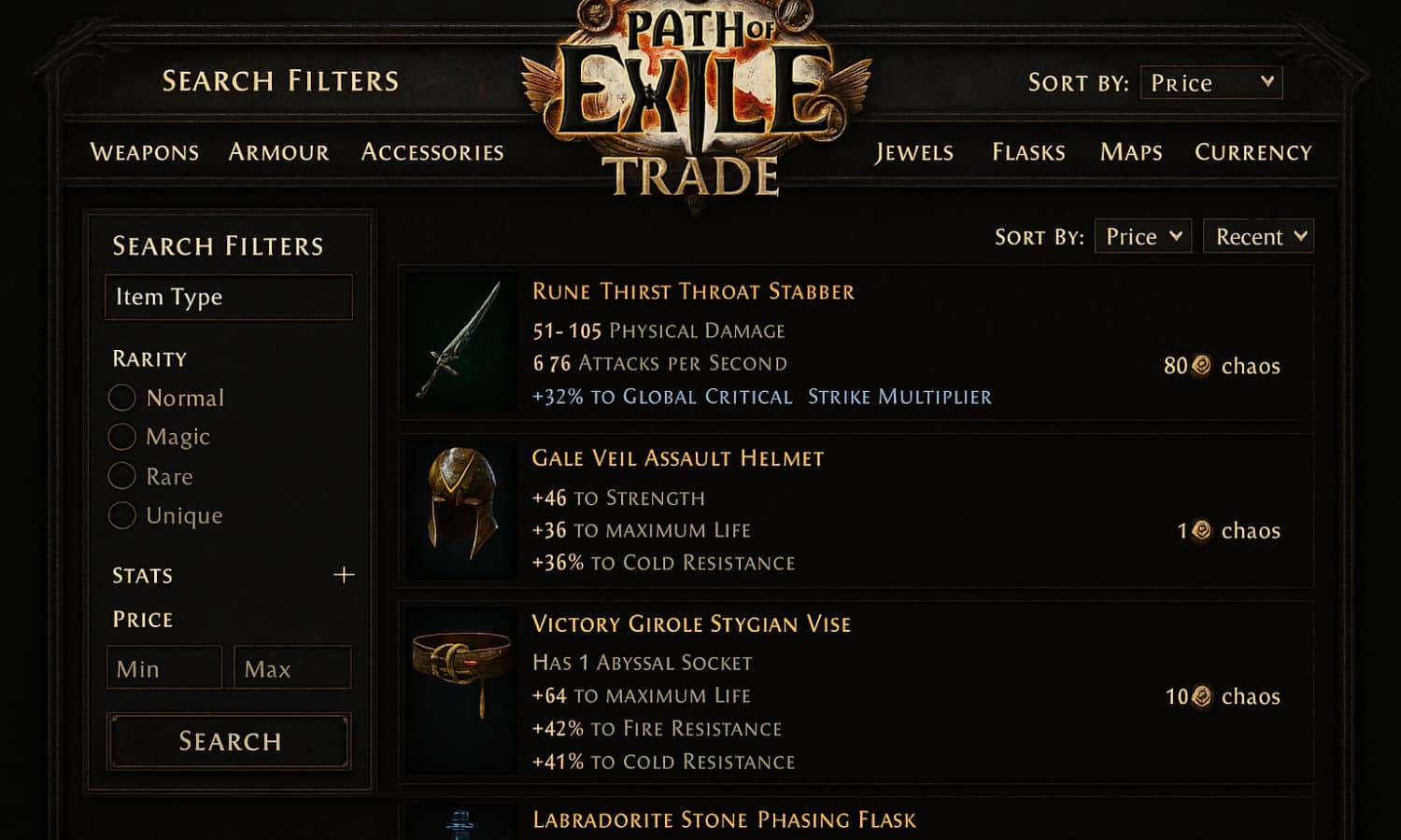 Path of Exile trade website interface showing search filters, item listings, and prices in Chaos Orbs