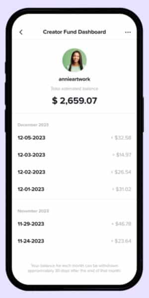 Snack Video app,Snack Video Creator Fund: A total balance of $2,659.07 and recent transaction details for a content creator