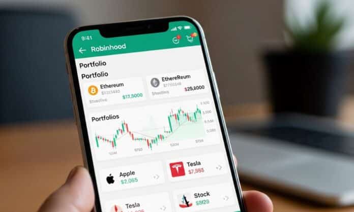 A smartphone screen showing the Robinhood app interface demonstrating the fusion of crypto and stock assets in one portfolio.