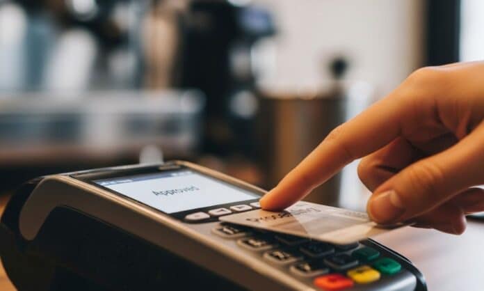 A close-up of a POS terminal demonstrating the speed of mastering retail payment solutions by processing a card in 2 seconds.