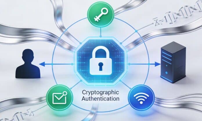 Cryptographic authentication uses mathematical algorithms to verify digital identity and encrypt sensitive data without revealing passwords
